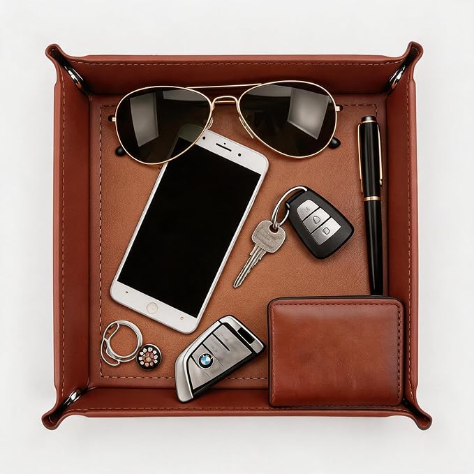 Valet Tray Desktop Storage Organizer – Vegan Leather Catchall Tray Bedside Vanity Tray Nightstand Caddy Holder for Remote Controller, Watch, Keys, Phone, Wallet, Coin, Jewelry, Brown