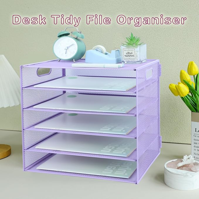 5 Tier Lettrer Tray Organizer, Metal Mesh Desk File Organizer with Sliding Trays, Paper Sorter Desk Organizer for Home Office School, Purple