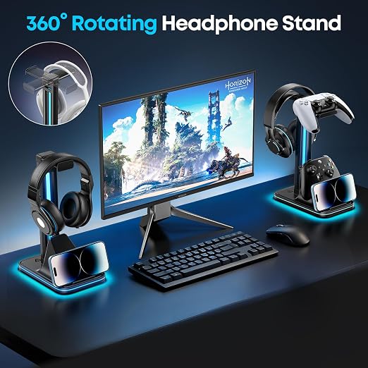 Kytok 4-in-1 Gaming Headset & Controller Stand for Desk, 360° Rotating Headphone Stand with Phone Holder, 10 RGB Modes for PC Gaming Enthusiasts, P5/SW/Xbx Controller Accessories