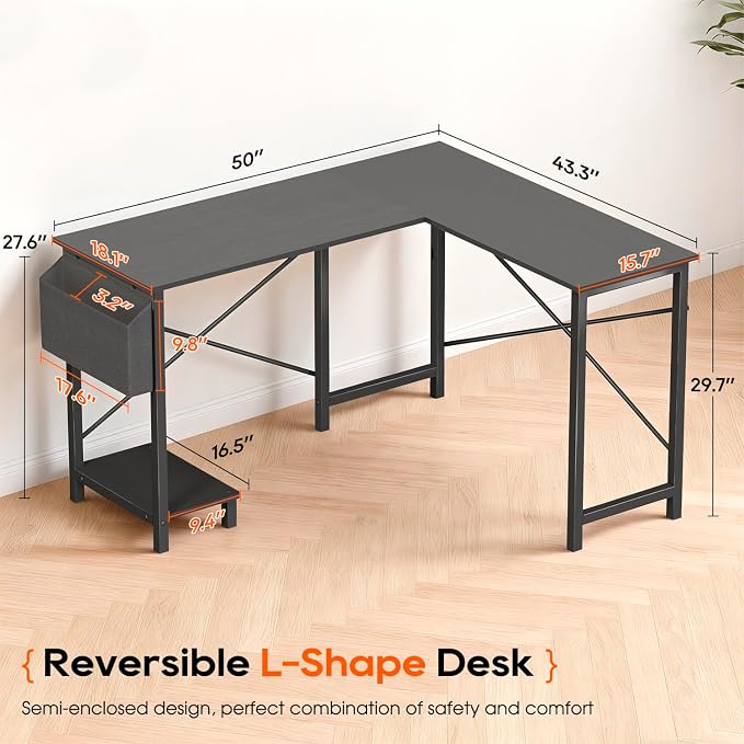 Dkelincs 50-Inch L Shaped Desk, Corner Computer Desk & Gaming Desk for Home Office and Dorm, Sturdy Writing Workstation with CPU Stand and Side Storage Bag (Black)