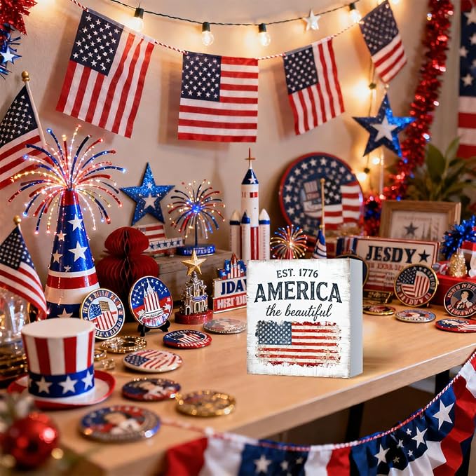 Patriotic Wooden Box Sign,America The Beautiful Est.1776 4th Of July Signs Home Decor,Independence Memorial Day Block Sign for Desk Shelf Tabletop Decor