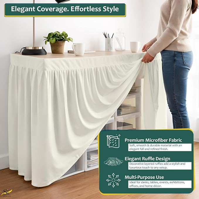 Shreem Linen Dorm Desk Skirt, Ruffled Gathered Table Cover, Custom-Fit, No Platform, Split Corners, Under Desk Storage Cover for Dorm & Home Office, Ivory Desk Skirt (D24 x W30 Skirt H30 Inches)
