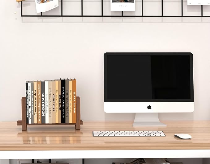 Adjustable Desktop Bookshelf Wooden Desk Book Holder Organizer Tabletop Bookshelf Mini Book Shelf Magazine Files Letters Storage Racks for Home Office Supplies, Great for Small Space (Walnut Brown)