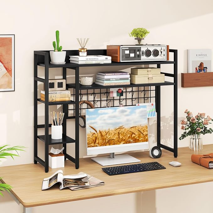 Giantex Desktop Bookshelf, 37" Desk Shelf for Up to 32" Computer Monitors, 4 Tier Desktop Display Shelves with Grid Panel, 6 Movable Hooks, Anti-tip Device, Desk Hutch for Home Office Dorm (Black)