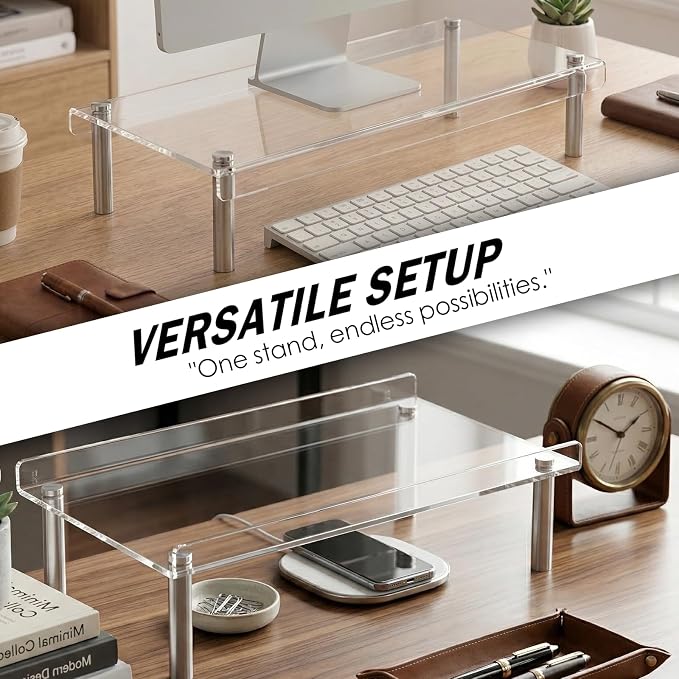 Clear Acrylic Riser, Display Stand, Large Transparent Monitor Riser Stand Acrylic Shelf with Non-Slip Feet, Desktop Organizer for Collectibles, Figurines, Cosmetics, Multifunctional Stand