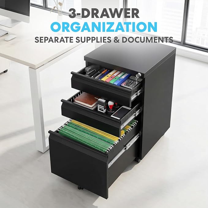 SIMPLI-Magic 3-Drawer Mobile File Cabinet with Lock - Under Desk Rolling Metal Filing Cabinet, Letter/Legal/A4, Fully Assembled, Home Office Organizer, Black