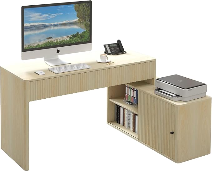 Modern Computer PC Desk Table with Storage, Corner L Shaped Desk with Drawers, Home Office Desk for Bedroom and Small Space, for Writing, Executive, Study, Work, Vanity - Natural
