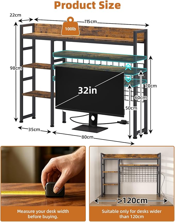 SANYOUNG 45.3" Desktop Hutch Bookshelf with Power Outlet, Heavy-Duty Desk Shelf Bookcase with Grid Panel, 3 Tier Adjustable Countertop Organizer Rack, for Home Office, Dorm, Rustic