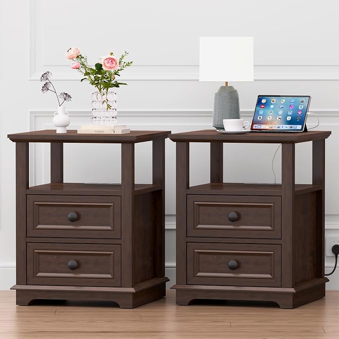 REDAYFUR 18" Wide End Table with Fast Charging Station Set of 2, 18” Wide Sofa Side Table with Drawers,End Table with Drawers for Living Room,Cherry