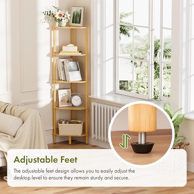 Corner Shelf, 5 Tier Bamboo Corner Bookshelf, 54" Tall Narrow Bookcase, Plant Stand, Corner Display Rack, Shower Caddy, Display Standing Shelf Organizer for Bedroom, Living Room, Kitchen, Home Office