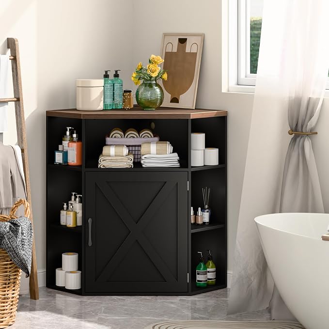 Vabches Corner Cabinet, Corner Storage Shelf with USB Ports and Outlets Industrial Organizer for Small Space Wooden 6-Cubby Bookshelf for Study, Playroom, Living Room (Black and Brown)