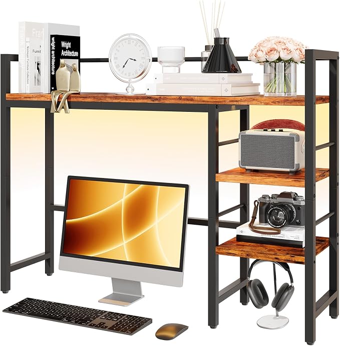 HavenlyYouth Desk Shelf with LED Light Strip, 3-Tier Storage Desktop Organizer Shelf, 38.6" Wood Desktop Bookshelf for Computer Monitor, Desk Hutch for Home Office Dorm, Rustic