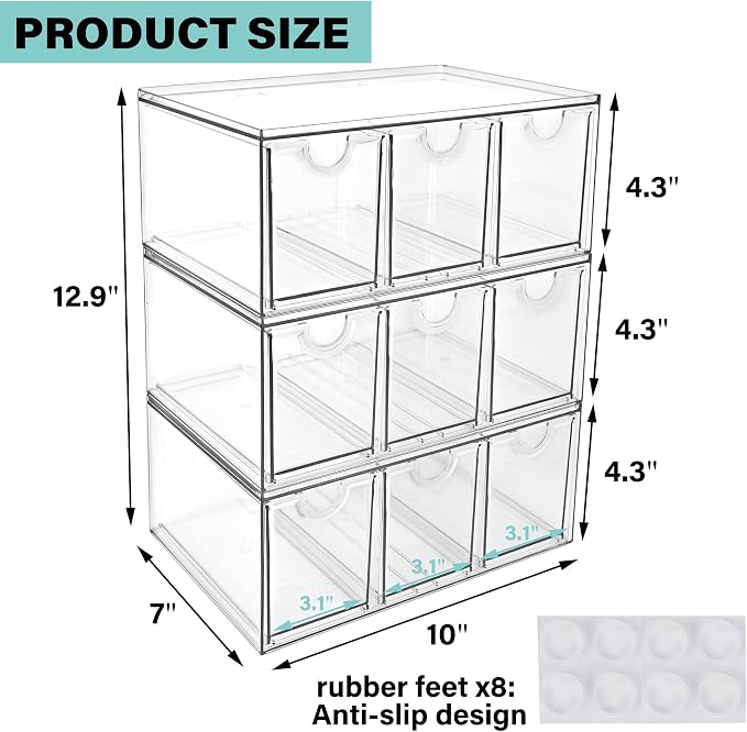 Prsildan Acrylic Makeup Organizer, 3 Pack Stackable Storage Drawers with 9 Drawers for Office Desk Vanity Craft Room Clear Drawer Organizers for Hair Accessories Art Supplies Cosmetics Modular System