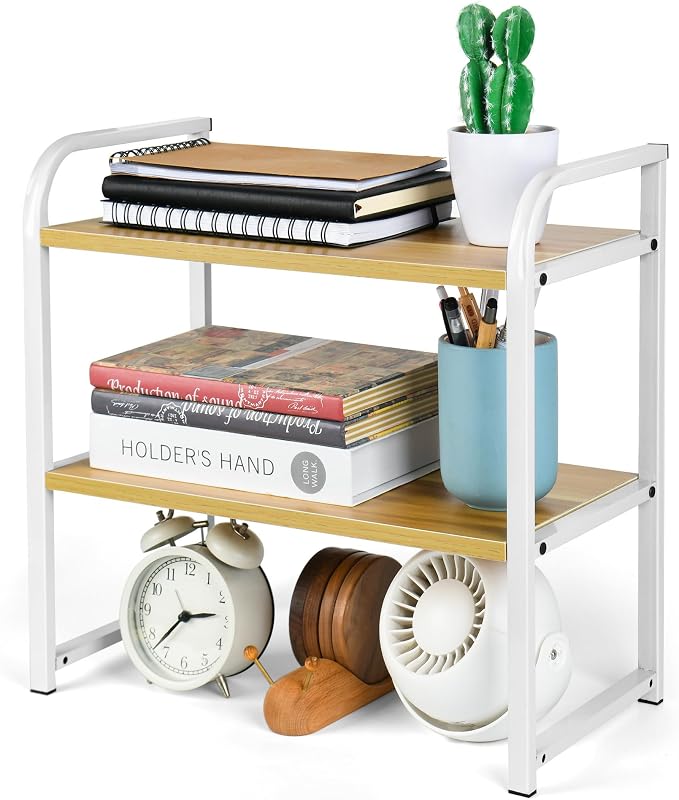Desktop Shelf Organizer Office Desk Shelf for Top of Desk Wood & Metal Bookshelf Supplies Storage Rack (White&Walnut)