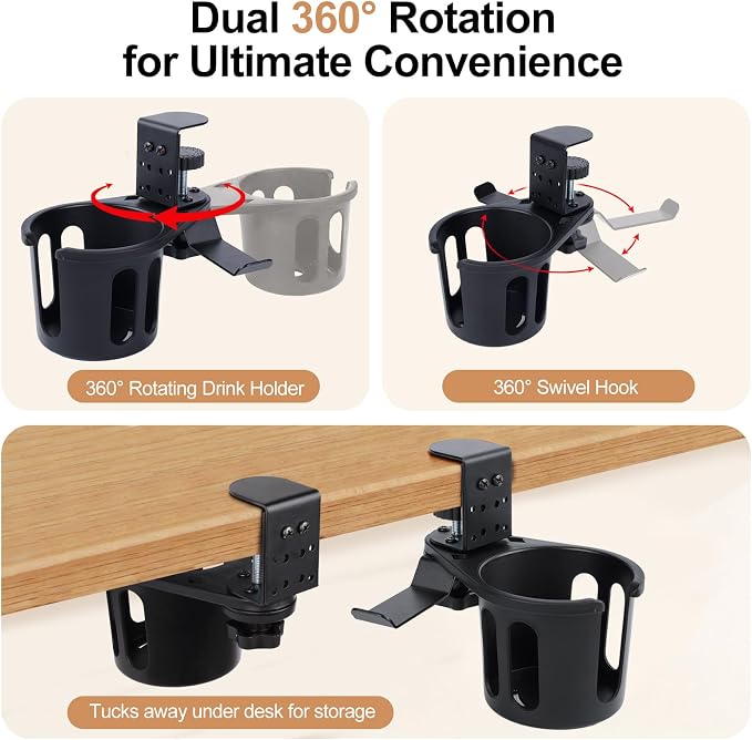 DecBeLiv 360° Rotating Cup Holder wiht Hook Under Desk Anti Spill Space Saving for Home Office Camping