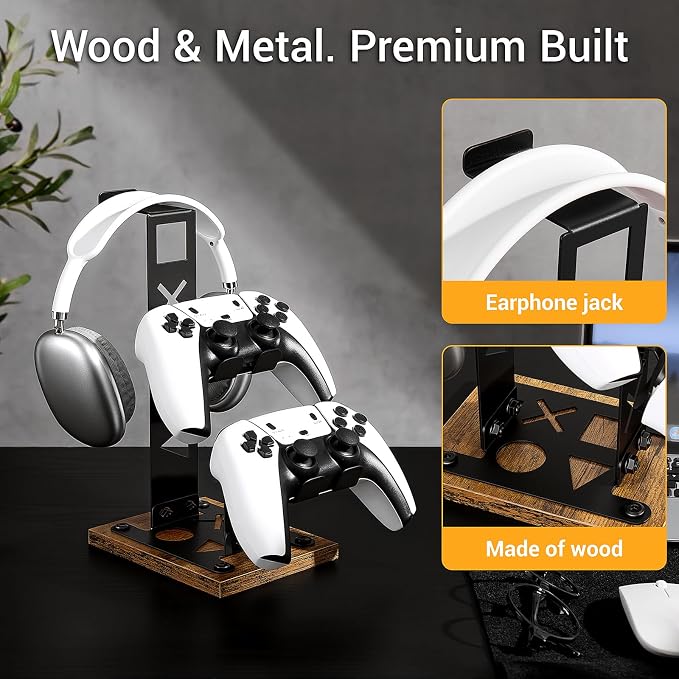 Headset Stand Gaming Controller Holder,Game Controller Stand Headphone Stand with Wood Base, Gaming Equipment Accessories for Desk Dual Organizer Rack Headset Holder for Son, Husband, Boyfriend