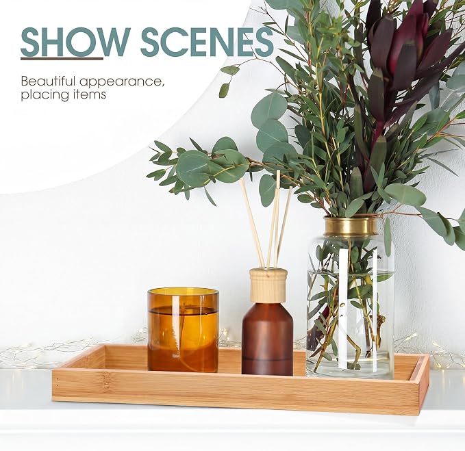 Chengu 3 Pcs Bamboo Vanity Trays for Bathroom Small Wooden Serving Tray for Bathroom Counter Food Appetizer Tea Dessert Kitchen Tissue Toilet Tank Home Decor, 11 x 4 Inch(Rectangle Style)