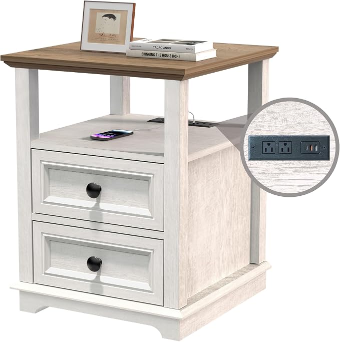 REDAYFUR End Table with Fast USB C Charging Station, 18" Wide Tall Sofa Side Table with 2 Drawers, Large Storage Rustic Wood Square Storage Cabinet for Living Room,Bedroom,Office, White