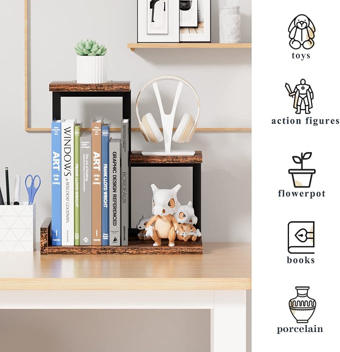 Gannyfer Office Decor Desk Shelf Organizer - Wood Desktop Shelf, Freestanding Desk Hutch, 3 Tier Storage Display Rack, Small Bookshelf with Metal Frame for Books/Plants/Toys (Rustic Brown Black)