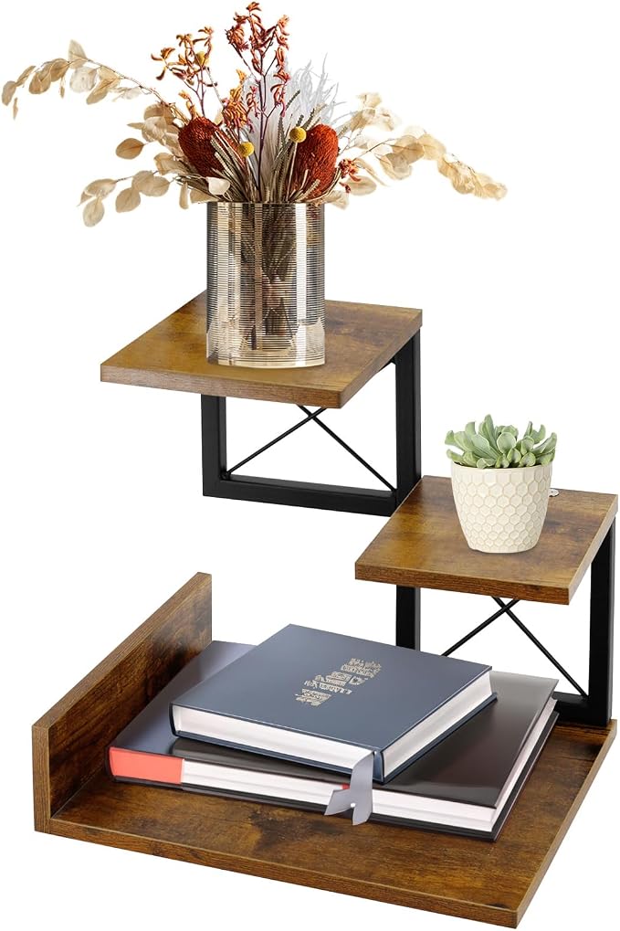 Jolitac Wood Desktop Shelf, Desktop Organizer Office Storage Rack Adjustable Wood Display Shelf 3 Tier Storage Display Rack Office Decor Stand Shelves with Metal Frame (Brown)