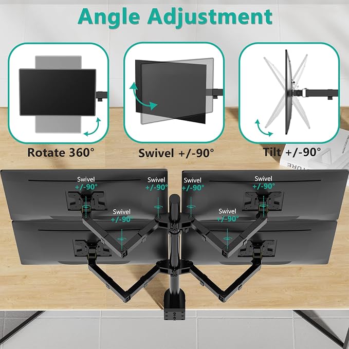 WALI Quad Monitor Desk Mount, 4 Monitor Stand Fits Heavy Duty Computer Screen up to 27 inch, Full Adjustable Arm Holds up to 22 lbs per Arm (M004), Black