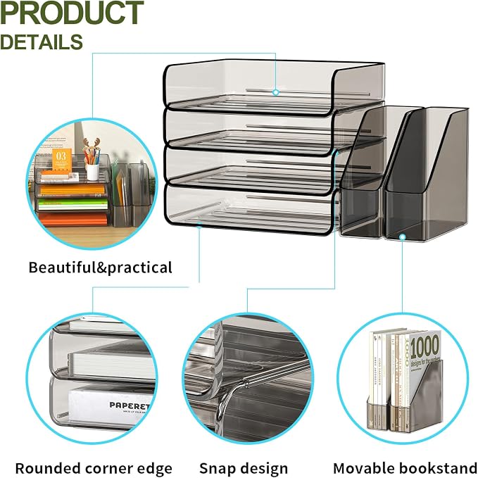 FANXIYQ 4-Tier Brown Acrylic Paper Tray Organizer with Bookends, Large Clear Stackable Letter Tray Organizer for Desk, Acrylic File Organizer & Office Paper Storage, 12.6" Wide Desktop Organizer