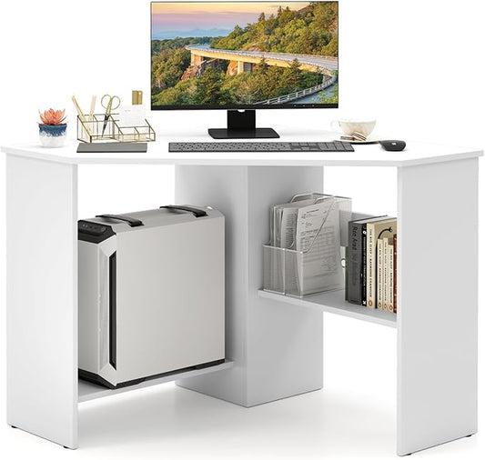 NAFORT Triangular Corner Desk with Storage Shelves and Cable Holes, Space Saving Writing Desk, Multi Functional Workstation for Home Office, Bedroom, PC Laptop Computer Table, White