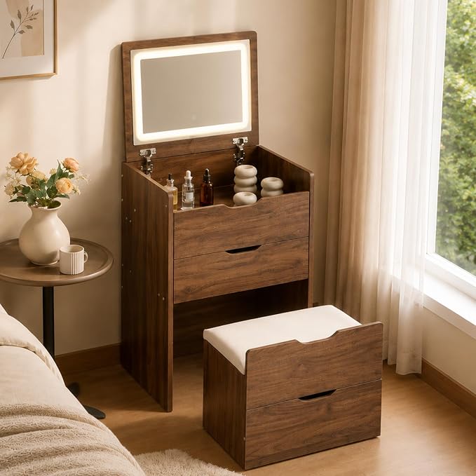 Small Vanity with Mirror and Lights for Small Space, 3-in-1 Compact Makeup Vanity Desk with Storage, Flip Top Vanity Table with Hidden Stool, 3 Color Mode, Drawers & Jewelry Organizer, Mini Vanity Set
