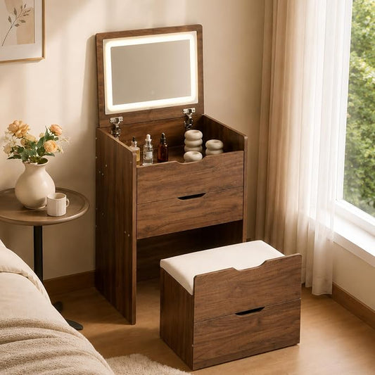 Small Vanity with Mirror and Lights for Small Space, 3-in-1 Compact Makeup Vanity Desk with Storage, Flip Top Vanity Table with Hidden Stool, 3 Color Mode, Drawers & Jewelry Organizer, Mini Vanity Set