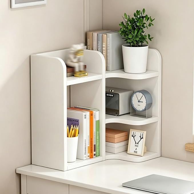 3-tier Corner Desktop Organizer Shelf, Wooden Desktop Bookshelf with Drawers, Multifunctional Desk Hutch Dorm, Desk Display Rack, Cube Storage Organizer Bookcase(White A-l,23.6x19.6x19.6'')