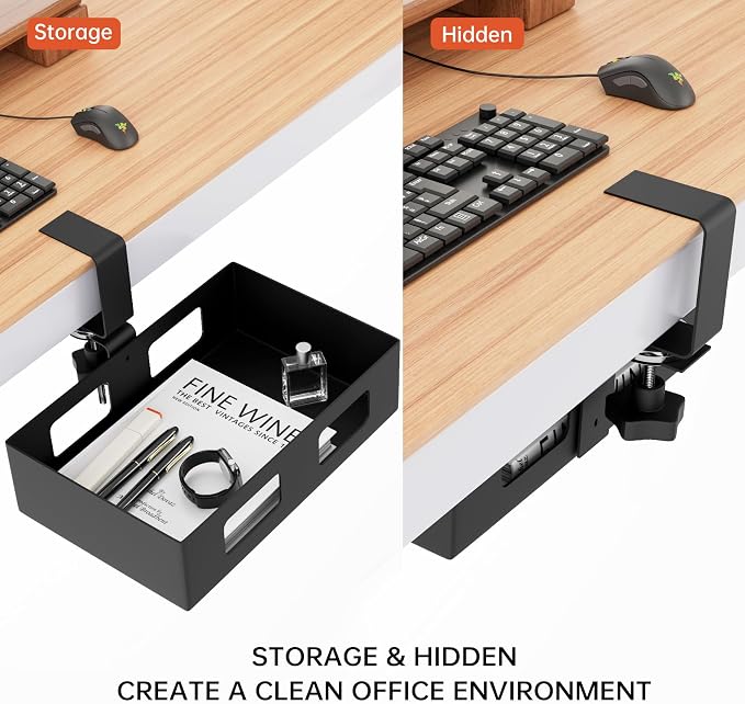2 Pack Clamp-on Swivel Organizer, Under Desk Hidden Storage Drawer with Cable Hole, Hanging Metal Basket for Extender Space