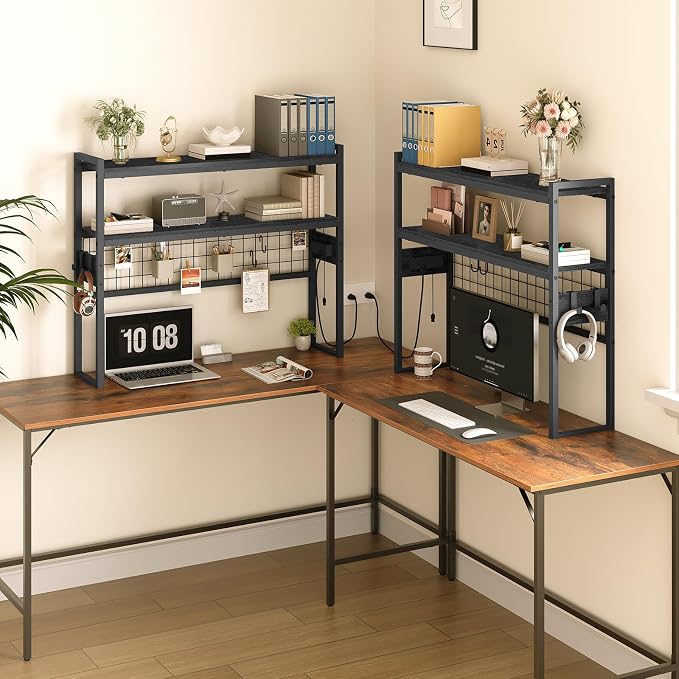 HOOBRO Desktop Bookcase, 37.4" Large Desk Shelf, 2-Tier Desktop Organizer, Wooden Office Storage Rack with Outlets, Display Shelf Rack with Light Strip, Desk Hutch for Office, Black BB13UDSJ01