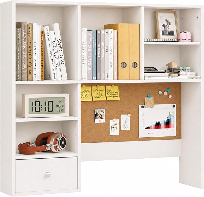 White Desk Hutch with Cork Board for Photos and Reminders, Dorm Desk Hutch with Drawers and Shelves, Desktop Bookshelf for College Dorm, Student Bedroom, Compact Study Spaces