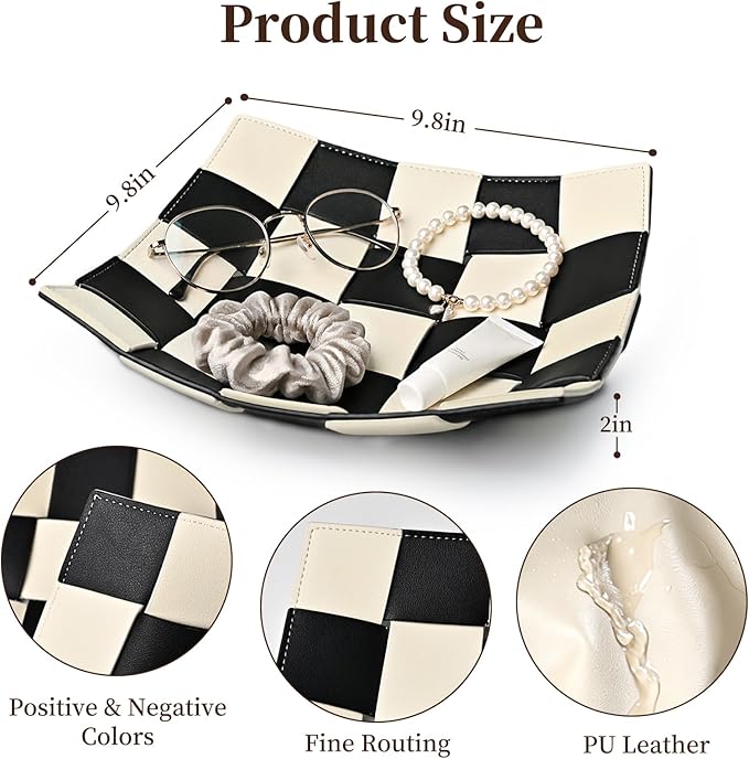 MSJGA Black and White Checkered Valet Tray PU Leather Key Holder Bowl for Women and Men Entryway Table Nightstand Desk Tray for Wallet, Keys Men's Gift - 9.8" L x 9.8" W x 2" H