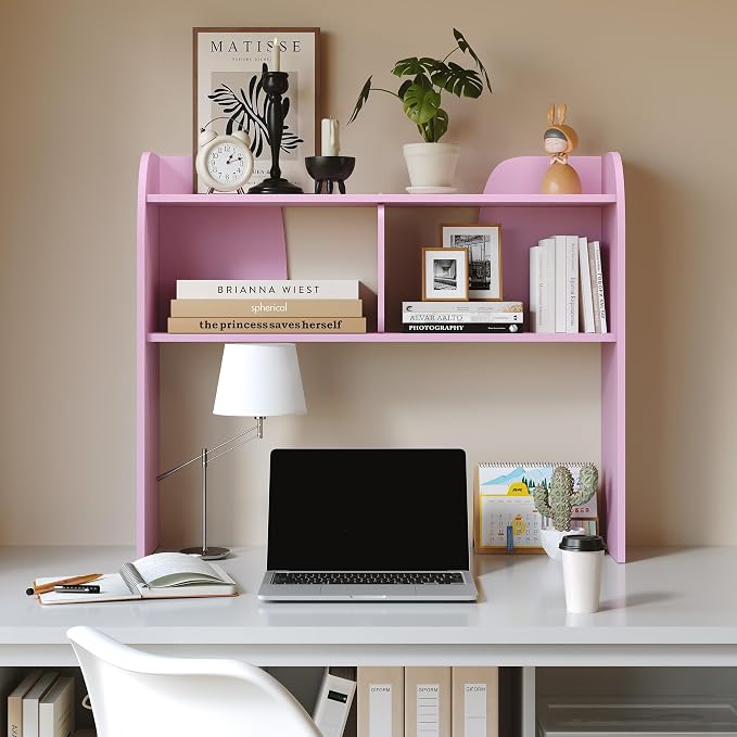 Wooden Desktop Bookshelf 37", 3-Tier Rounded-Edge Desk Storage Organizer, Space-Saving Countertop Shelf for Office Dorm Home, Pink