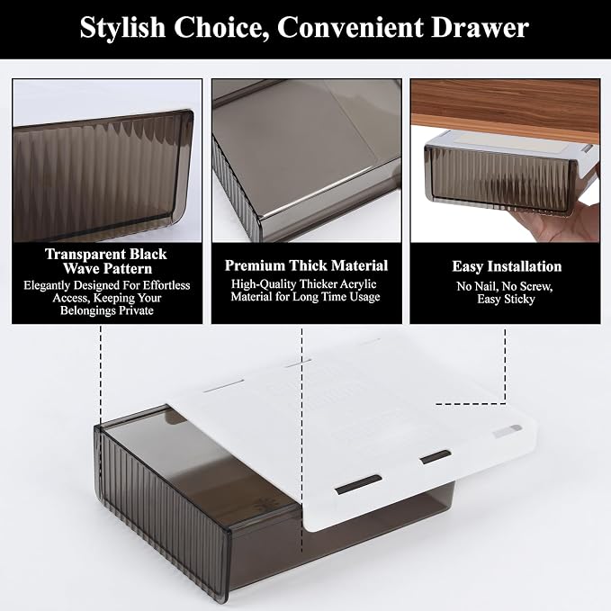 Boxalls Under Desk Storage Drawer, Under Table Slide Out Self-Adhesive Organization, Translucent Black Medium