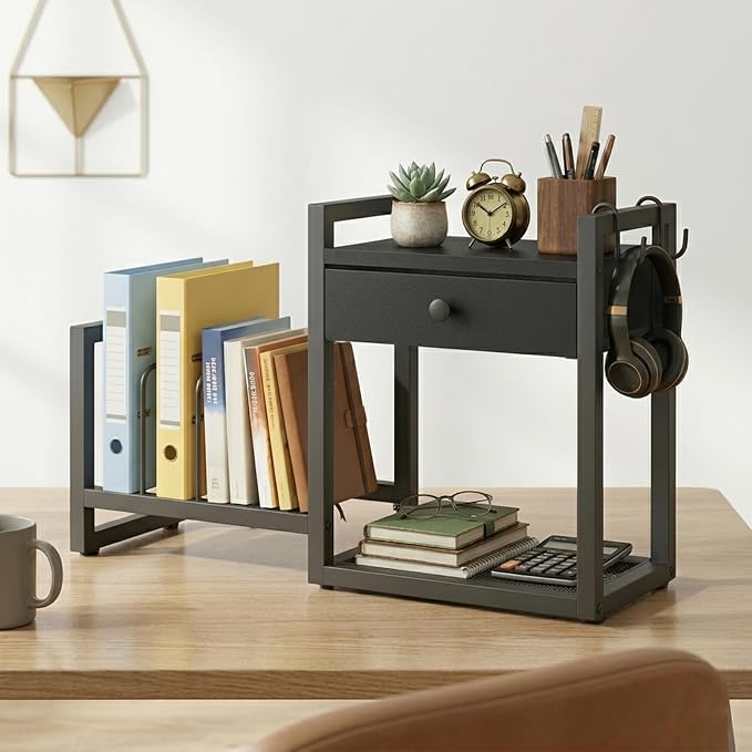 MAHANCRIS Desktop Shelf Organizer, 2-Tier Wooden Desk Bookshelf, Small Tabletop Book Shelf with Draw and Hooks, Countertop Storage Rack for Home, Office, Dorm, Black POBK2201