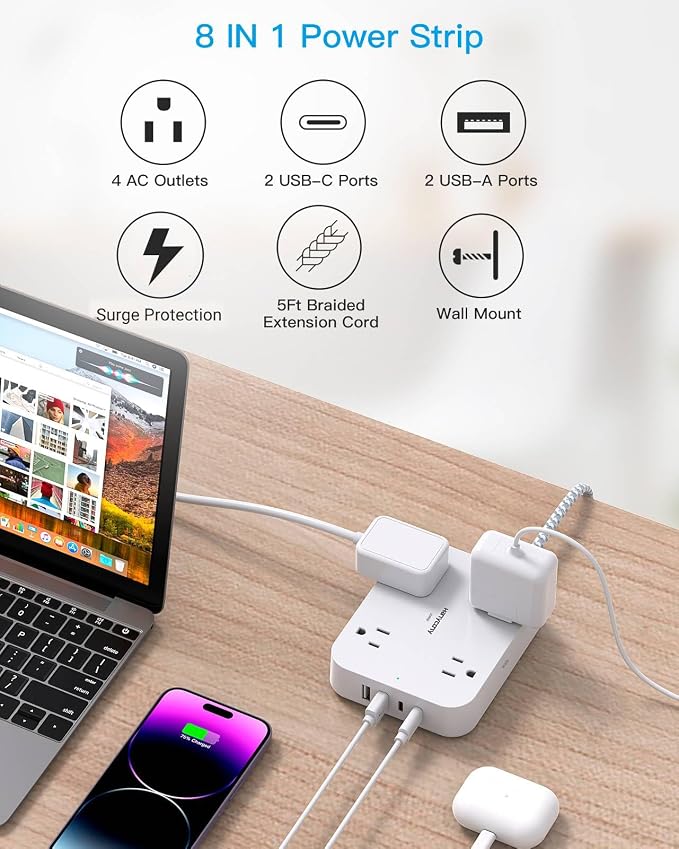 Surge Protector Power Strip, HANYCONY 5Ft Extension Cord with 4 USB Ports(2 USB C), 4 Widely Outlets Extender, Wall Mount, Desk Charging Station for Office Travel College Dorm Room Essentials