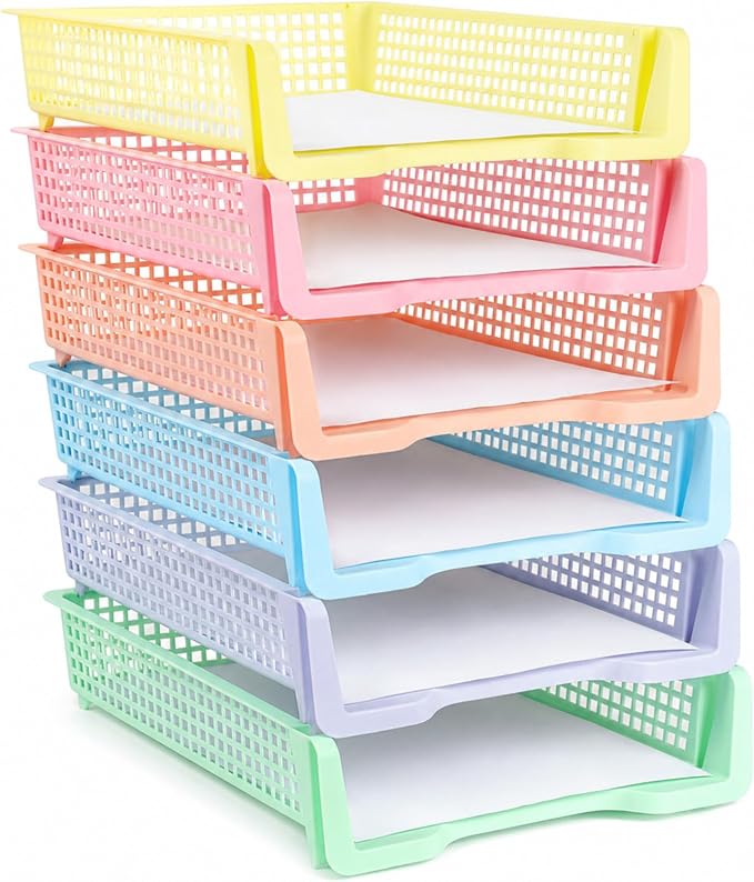 Set of 6 Pastel Turn in Trays for Teachers Stackable Classroom Paper Letter Trays Plastic Classroom Desk Letter Organizer Tray Storage Baskets for Library, Drawers, Office, Home