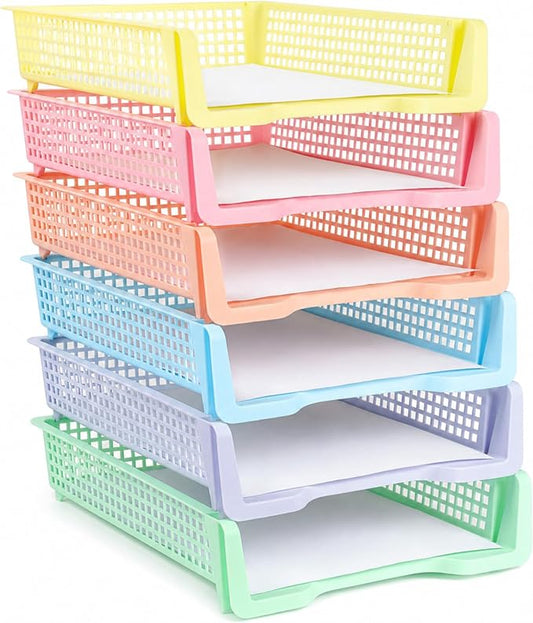 Set of 6 Pastel Turn in Trays for Teachers Stackable Classroom Paper Letter Trays Plastic Classroom Desk Letter Organizer Tray Storage Baskets for Library, Drawers, Office, Home
