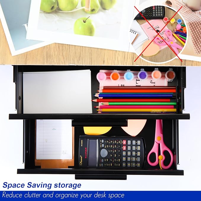 Menkxi 16'' Under Desk Drawer Slide-out Steel Under Counter Drawers Storage Organizer Large Hidden Pull-out Tray for Table Desks Home Office Workstation(Black,2 Layer)