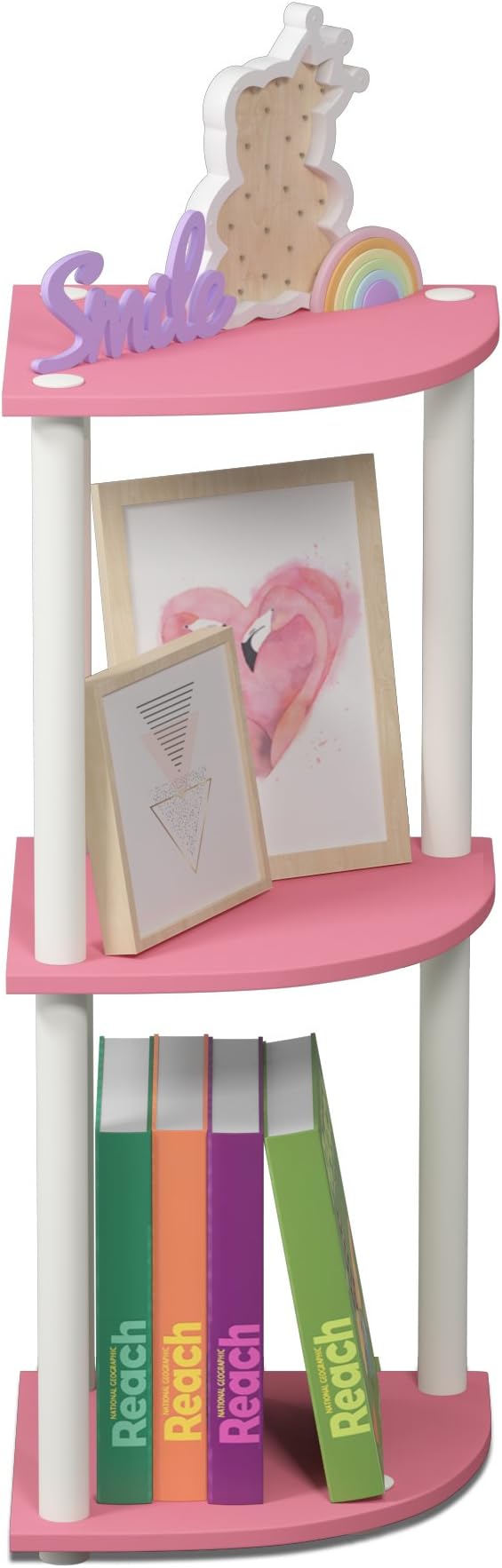 Furinno Turn-N-Tube Toolless Assembly 3-Tier Corner Shelf, Pink Corner Book Shelf, Open Shelves Bookshelf, for Organization and Storage, Living Room, Home Office, Bedroom, Soft Pink