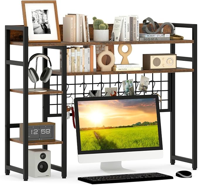 Giantex Desktop Bookshelf, 37" Desk Shelf for Up to 32" Computer Monitor, 4 Tier Desktop Display Shelves w/Grid Panel, 6 Movable Hooks, Anti-tip Device, Desk Hutch for Home Office Dorm (Rustic Brown)
