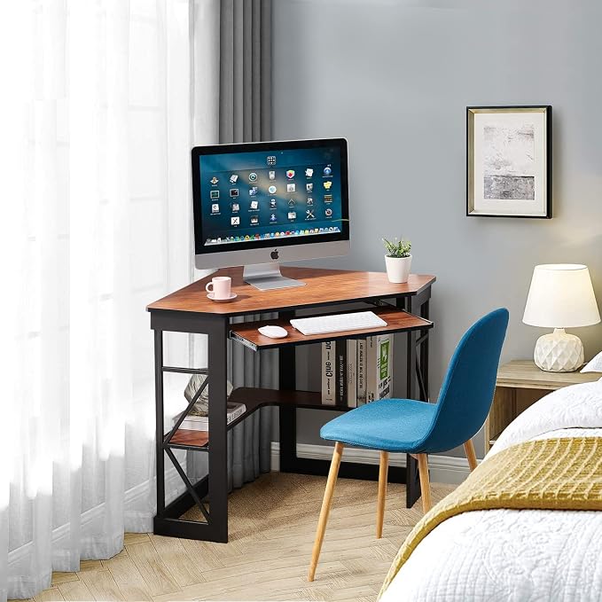 VECELO Corner Computer Desk 41 x 30 inches with Smooth Keyboard & Storage Shelves for Home Office Workstation, Teak