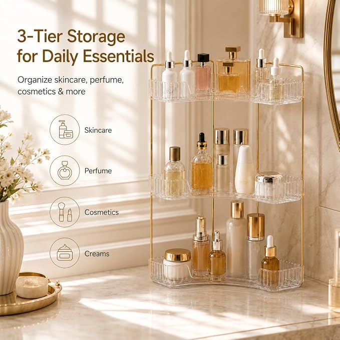 Ceruaxb 3-Tier Corner Bathroom Counter Organizer, Plastic Countertop Makeup Organizer, Large Capacity Vanity Bathroom Perfume Shelf Rack for Kitchen Office Desktop (Clear)