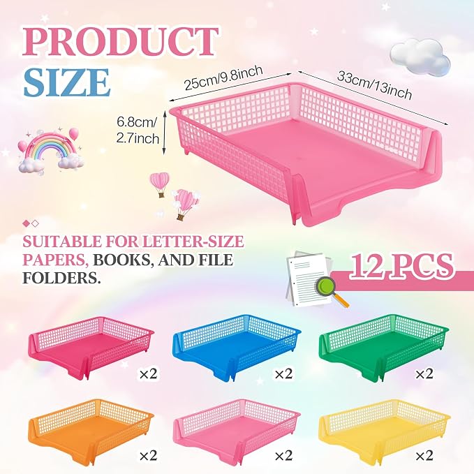 Geetery Set of 12 Plastic Trays for Teachers Turn in Trays Classroom Stackable Paper Tray Plastic Classroom Teachers Desk Letter Organizer Storage Baskets for Office, Desk, Home (Clear Mixed Color)