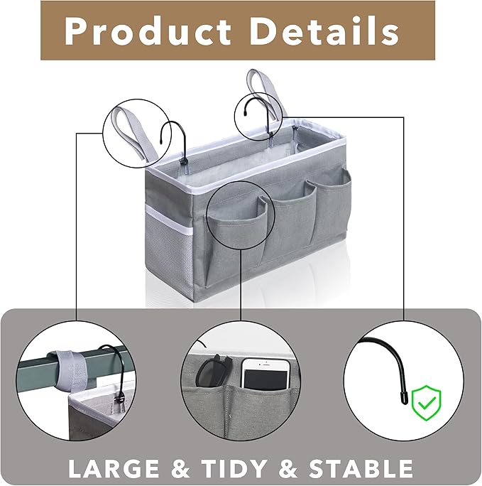Kanrichu Bedside Caddy Hanging Storage Bag, Organizer Baskets with Pockets for Bunk Bed Accessories, Loft & Dorm Rooms Chair Bed Rails (Gray_1pcs)