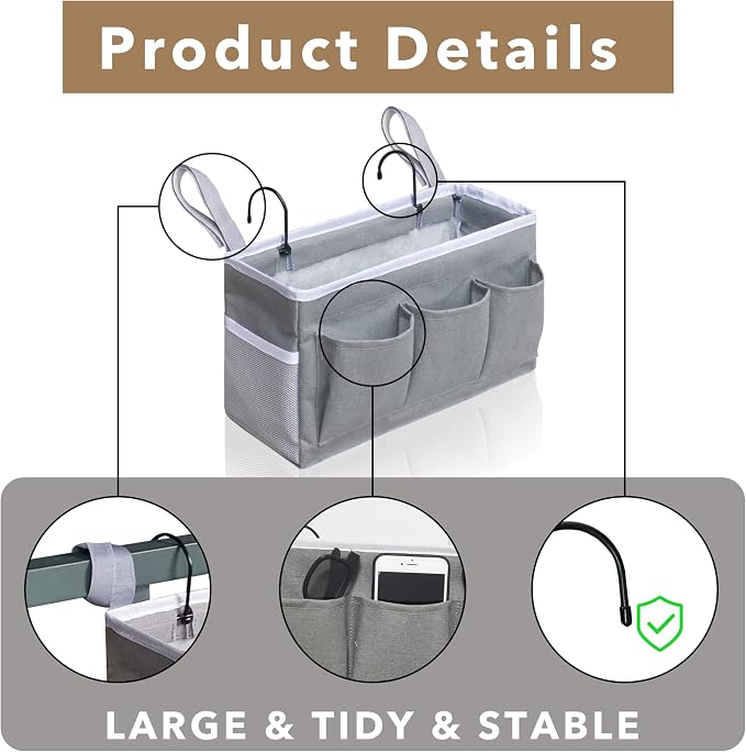 Kanrichu Bedside Caddy Hanging Storage Bag, Organizer Baskets with Pockets for Bunk Bed Accessories, Loft & Dorm Rooms Chair Bed Rails (Gray)
