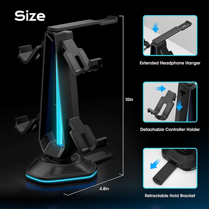 Saitake RGB Controller Holder with 9 Light Modes,Controller Stand with 2 USB Ports,Headset Stand for Desk-Headphone Holder Suitable for Xbox PS4 5 Switch Controllers Gaming Room Deco