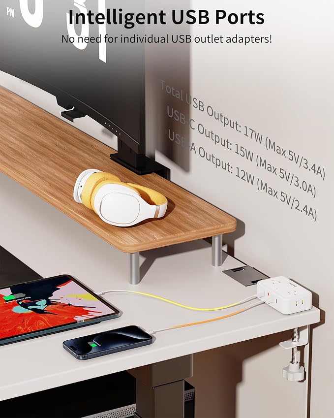 HOPOW Desk Clamp Power Strip, Desktop Mount Charging Station with 4 Outlets 4 USB Ports (2 USB C), 10Ft Under Desk Power Strip, Fits 2.75" Tabletop Edge, Extension Cord for Home Office, White